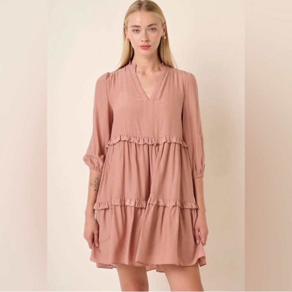 Mittoshop Blush Pink Ruffle Dress, Women’s Size Medium, 3/4 Sleeve Babydoll Mini